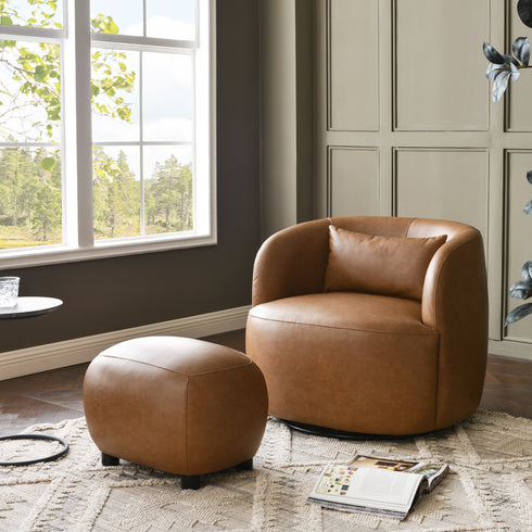 Elmer Faux Leather Ottoman – Round Camel Ottoman | Decorative Ottoman | Kinwell Furniture | Modern Faux Leather Furniture